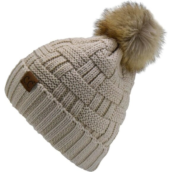 ?Beanie for Women Fuzzy Fleece Lined Knitted Stretch Pom Hat